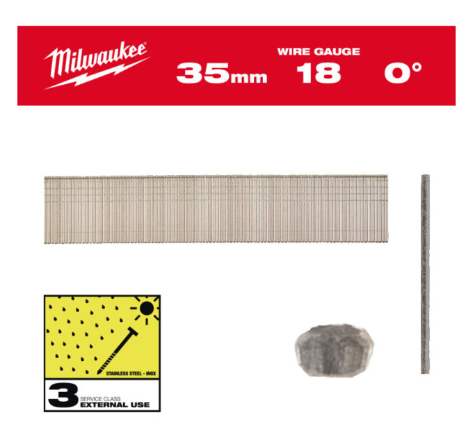 Гвозди из нержавейки покрытые смолой с Т-образной головкой MILWAUKEE 18G/0°/35мм, (5000шт)