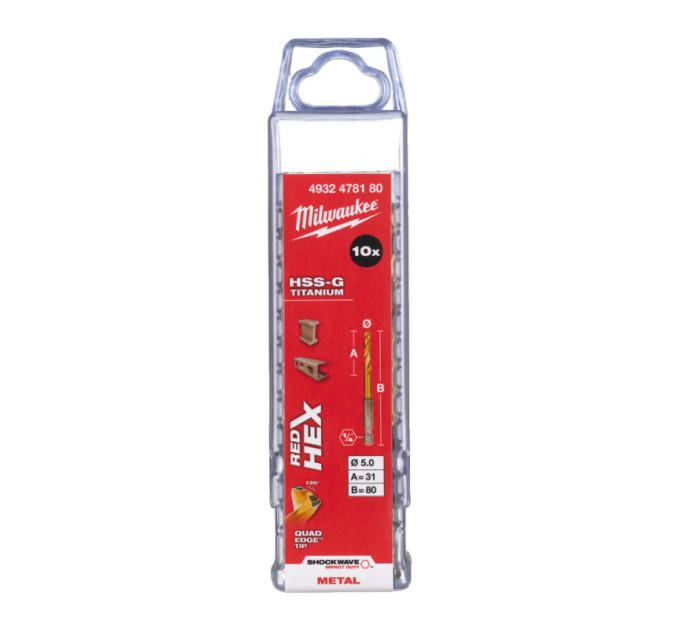 Свердло по металу RedHEX SHOCKWAVE™ HSS-TiN MILWAUKEE, Ø5,0х80х31мм, (10шт)