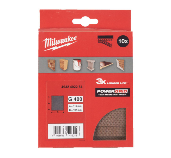 Сетка шлифовальная PG Mesh HL MILWAUKEE, 115х107мм, зерно 400, (10шт)