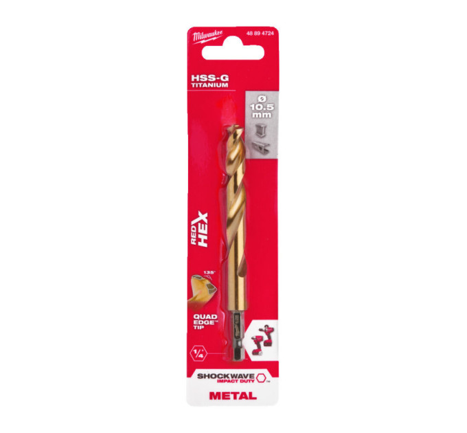 Свердло по металу RedHEX SHOCKWAVE™ HSS-TiN MILWAUKEE, Ø10,5х122х78мм