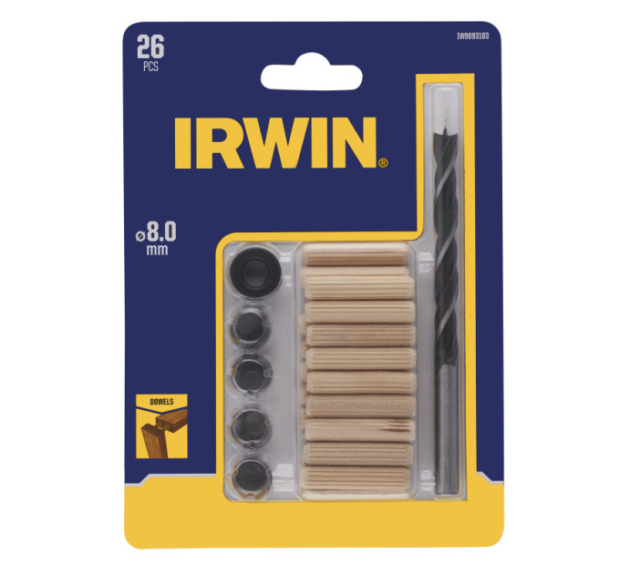 Набор дюбелей Irwin Ø8 мм, состоящий из 20 деревянных дюбелей, 1 спирального сверла по дереву