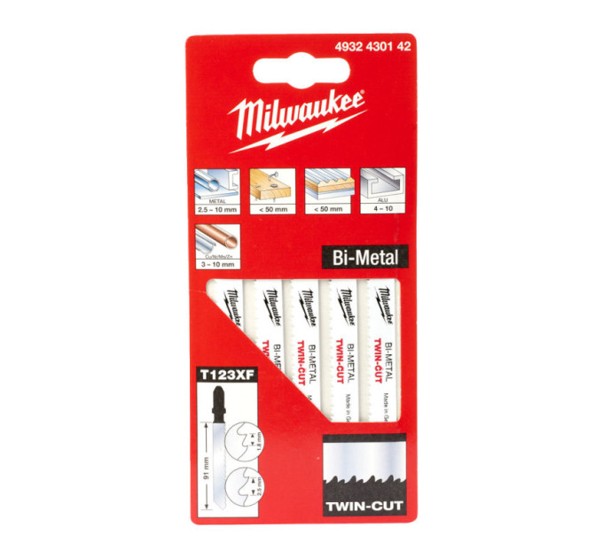 Полотна для лобзіка T123XF Bi-Metal TWIN CUT MILWAUKEE, 91х2,5/1,8мм, (5шт)