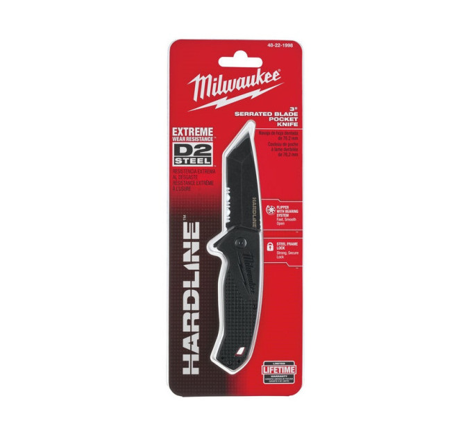 Нож складной HARDLINE Serrated MILWAUKEE с серейторным лезвием 75мм