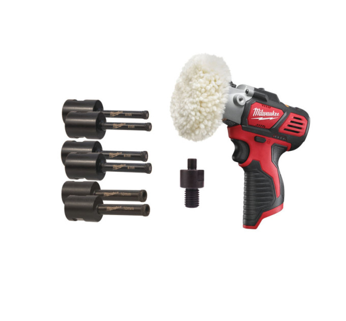 Полировальная машина аккумуляторная MILWAUKEE M12 BPS-0 + набор алмазных коронок 6-10мм М14