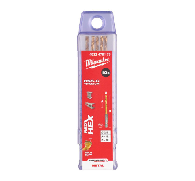Сверло по металлу RedHEX SHOCKWAVE™ HSS-TiN MILWAUKEE, Ø2,5х62х19мм, (10шт)