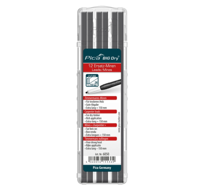 Стержни запасные BIG Dry Refills 6050 2Н для PICA BIG Dry Carpenter, для столяров, графит, (12шт)