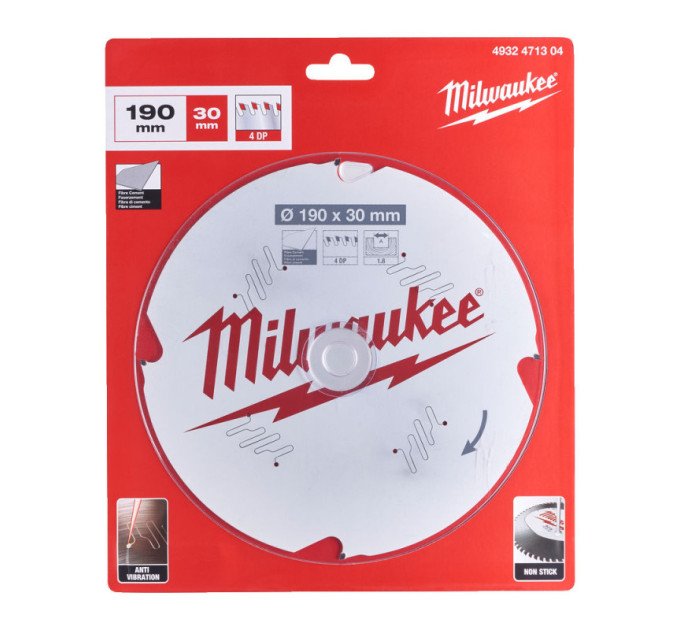 Диск пильный по фиброцементу PFTE MILWAUKEE, Ø190х30х1,8мм, 4 зуб.