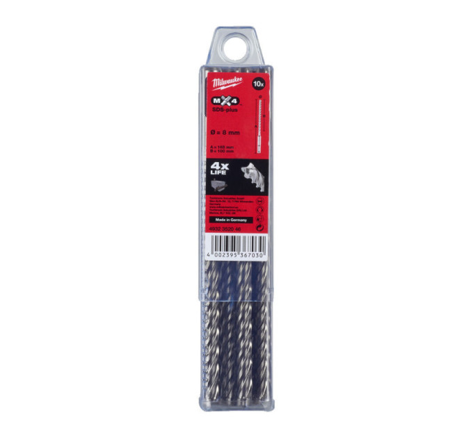 Бур SDS-PLUS MX4 MILWAUKEE, Ø8,0х165х100мм, (10шт)