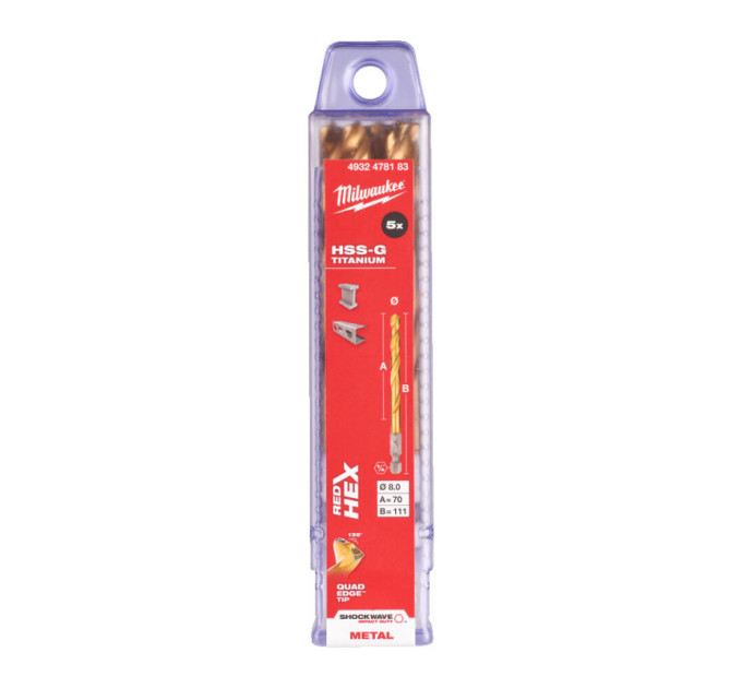Свердло по металу RedHEX SHOCKWAVE™ HSS-TiN MILWAUKEE, Ø8,0х111х70мм, (5шт)
