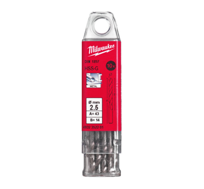 Свердло по металу HSS-G MILWAUKEE DIN1897, Ø2,5х43х14мм, короткий, (10шт)