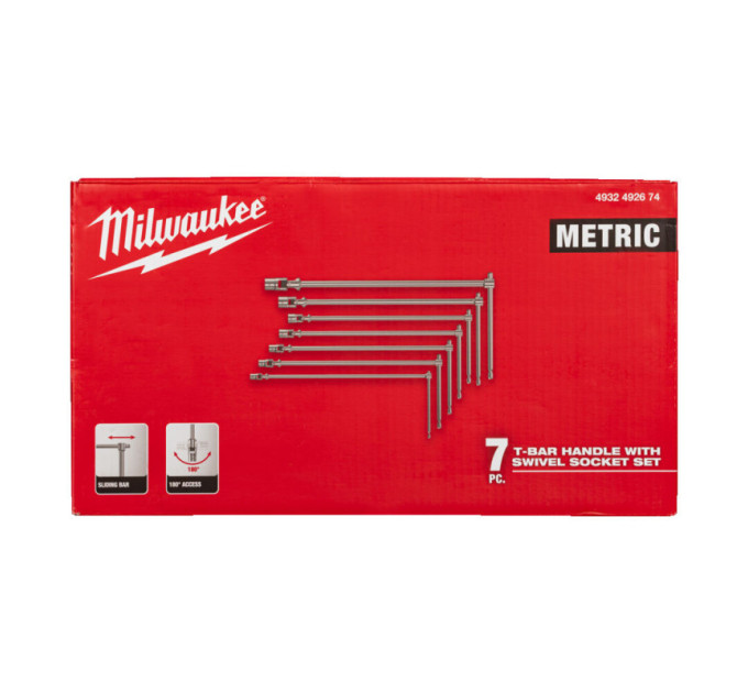 Набір ключів хромованих з Т-подібною ручкою та шарніром MILWAUKEE, (Hex 8 - Hex 19), (7шт)