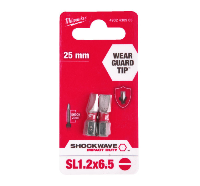 Бита SHOCKWAVE MILWAUKEE, SL1,2x6,5, 25мм, (2шт)