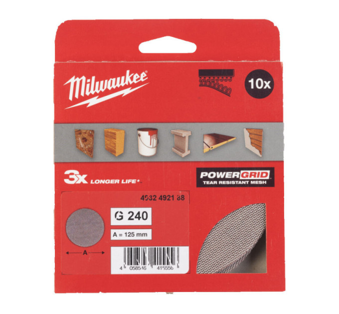 Сетка шлифовальная PG Mesh HL MILWAUKEE, Ø125мм, зерно 240, (10шт)