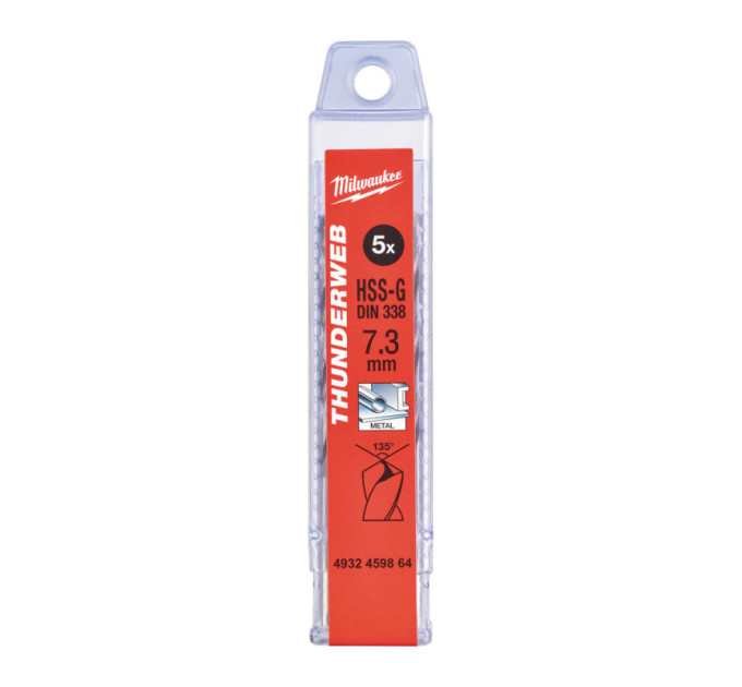 Свердло по металу THUNDERWEB HSS-G MILWAUKEE, DIN338, Ø7,3х109х69мм, (5шт)