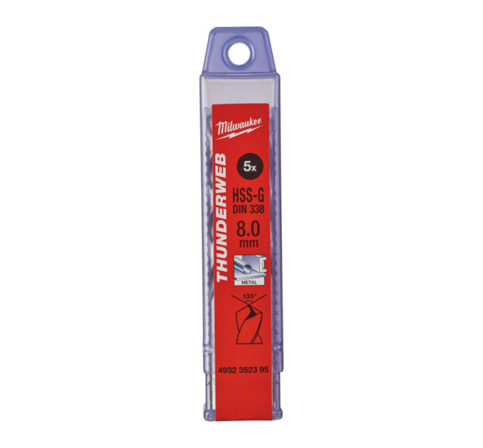 Свердло по металу THUNDERWEB HSS-G MILWAUKEE, DIN338, Ø8,0x117х75мм, (5шт)