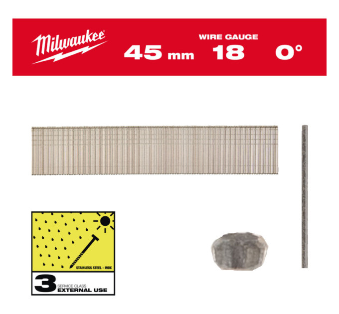 Гвозди из нержавейки с Т-образной головкой MILWAUKEE, 18G/0°/45мм, (5000шт)