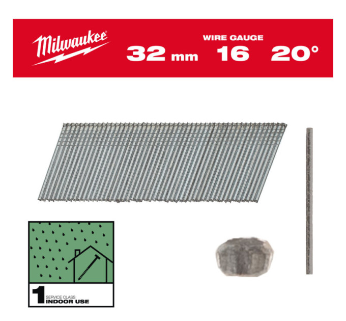 Гвозди оцинкованные с Т-образной головкой MILWAUKEE, 16G/20°/32мм, (2000шт)