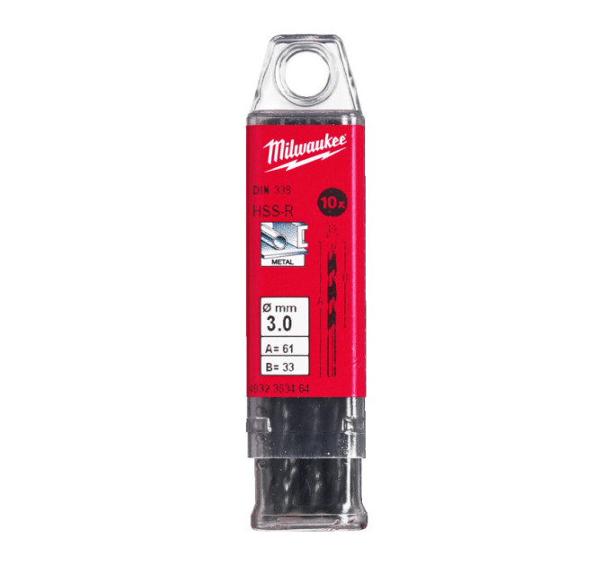 Свердло по металу HSS-R MILWAUKEE, DIN338, Ø3,0х61х33мм, (10шт)