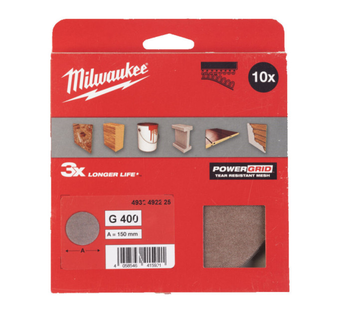 Сетка шлифовальная PG Mesh HL MILWAUKEE, Ø150мм, зерно 400, (10шт)