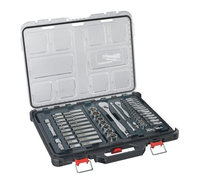 Набір головок торцевих хромованих метричних ½” + ¼” PACKOUT™ MILWAUKEE, з коміром (63шт)