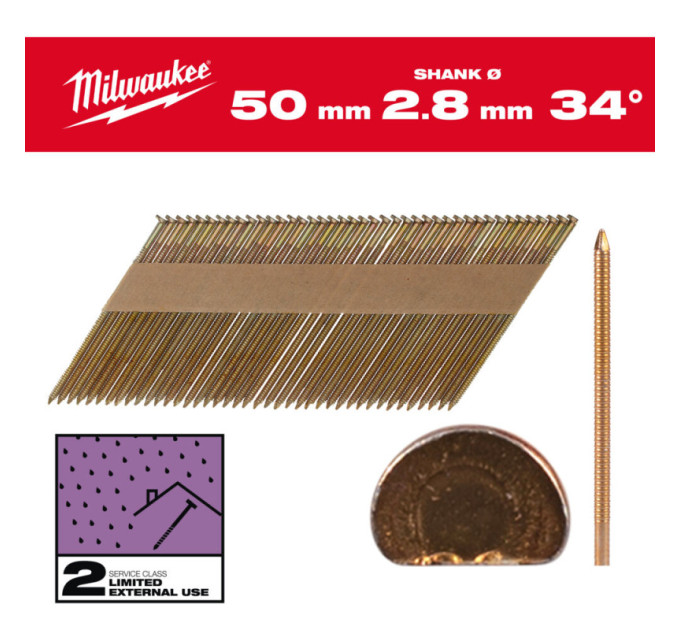 Гвозди оцинкованные с кольцевой накаткой и D-образной головкой MILWAUKEE 2,8/34°/50мм (2200 шт)