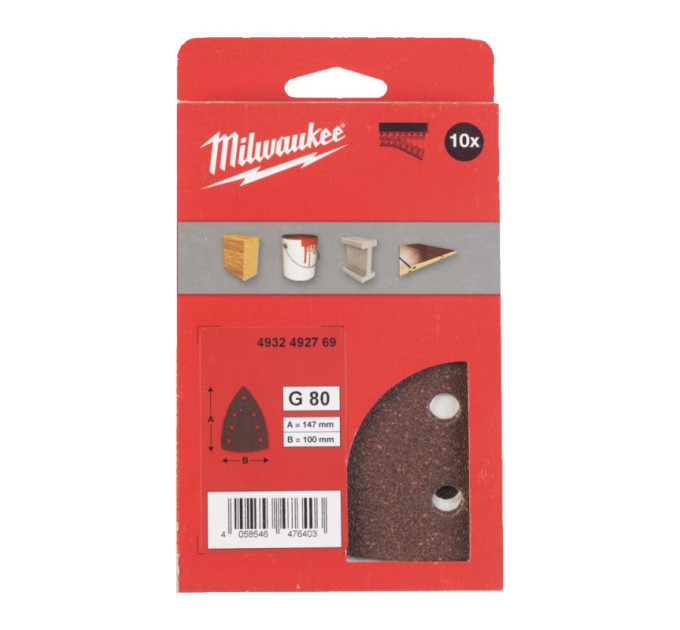 Шлифовальные листы дельтавидные MILWAUKEE, 100х147мм HL, зерно 80 (10шт)