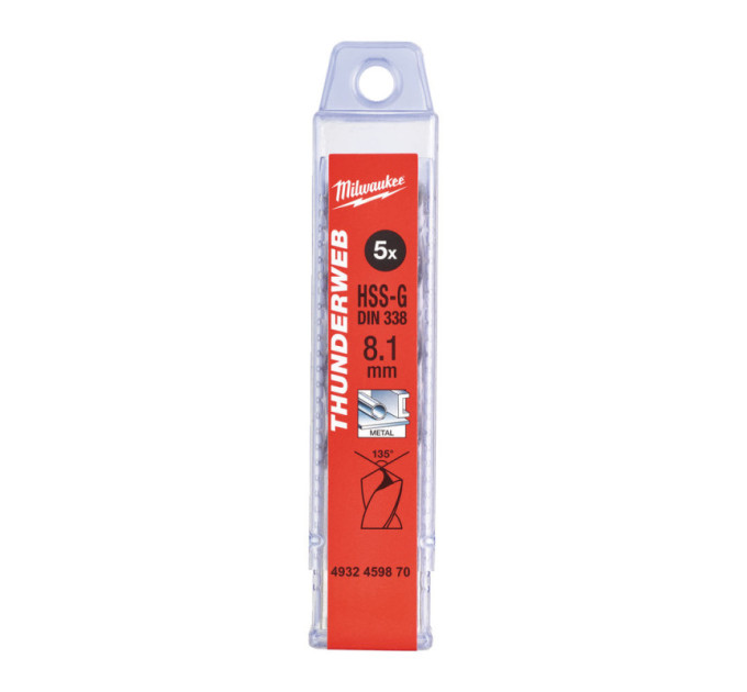 Сверло по металлу THUNDERWEB HSS-G MILWAUKEE, DIN338, Ø8,1х117х75мм, (5шт)