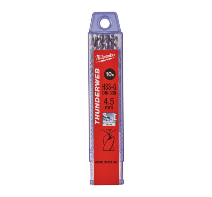 Свердло по металу THUNDERWEB HSS-G MILWAUKEE, DIN338, Ø4,5x80х47мм, (10шт)