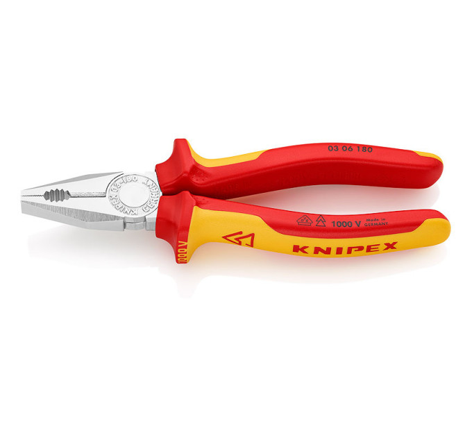 Пассатижи (плоскогубцы) комбинированные Ø12,0мм, 180мм VDE KNIPEX 03 06 180, хромированные