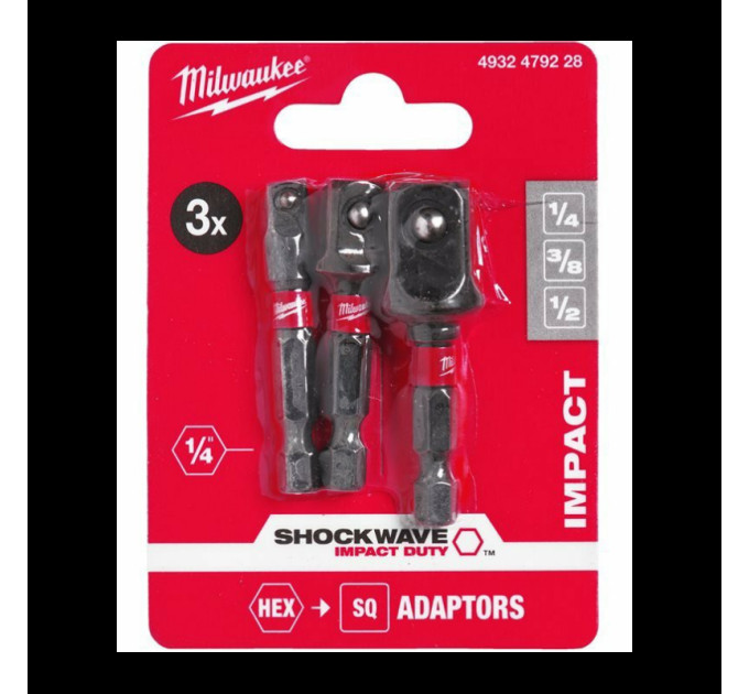 Набор переходников ShW MILWAUKEE, з 1/4'' Hex на квадрат (1/4", 3/8", 1/2")