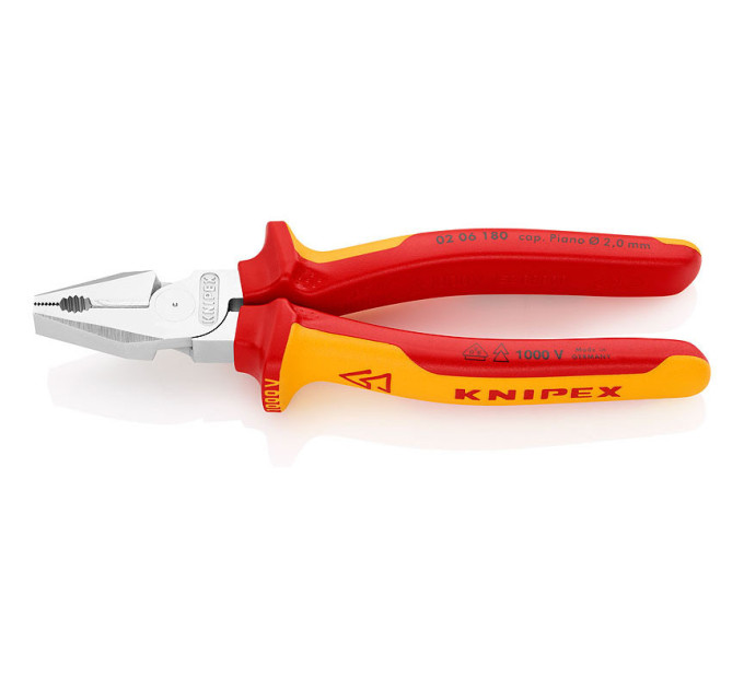Пассатижи (плоскогубцы) особой мощности Ø11,5мм, 180мм VDE KNIPEX 02 06 180 SB, хромированные