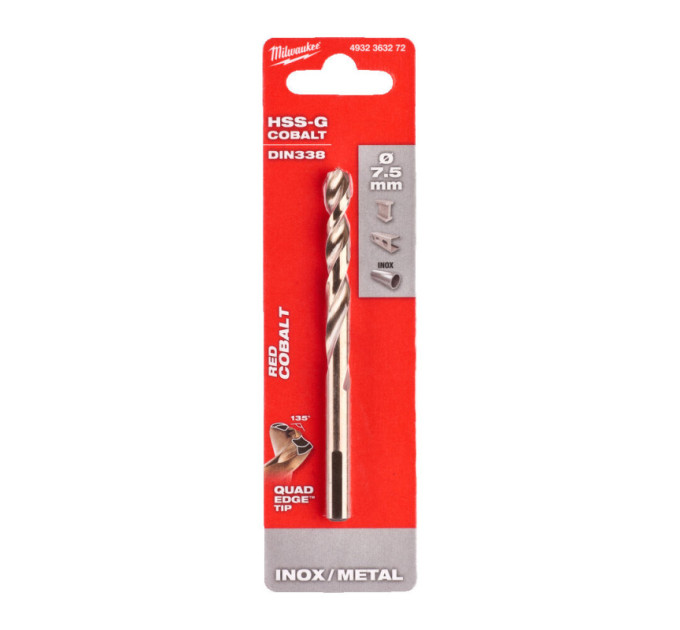 Сверло по металлу HSS-Co MILWAUKEE, DIN338, Ø7,5х109х69мм