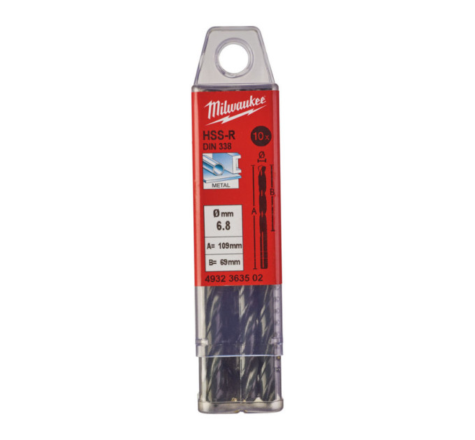 Свердло по металу HSS-R MILWAUKEE, DIN338, Ø6,8х109х69мм, (10шт)