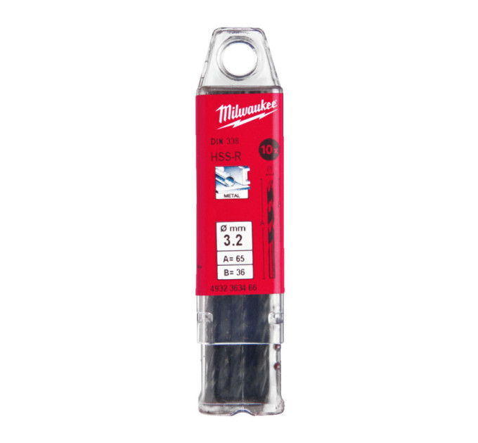 Свердло по металу HSS-R MILWAUKEE, DIN338, Ø3,2х65х36мм, (10шт)