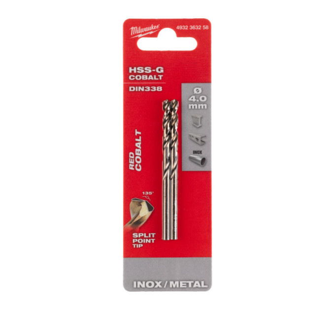Сверло по металлу HSS-Co MILWAUKEE, DIN338, Ø4,0х75х43мм, (2шт)