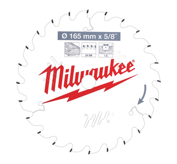 Диск пильный по дереву PFTE THIN KERF MILWAUKEE, Ø165х5/8''х1,6мм, 24 зуб.
