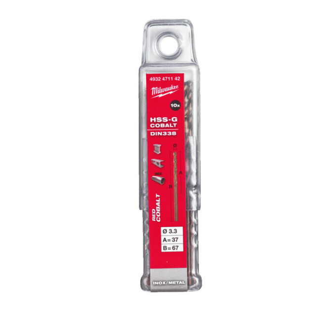 Свердло по металу HSS-Co MILWAUKEE, DIN338, Ø3,3х67х37мм, (10шт)