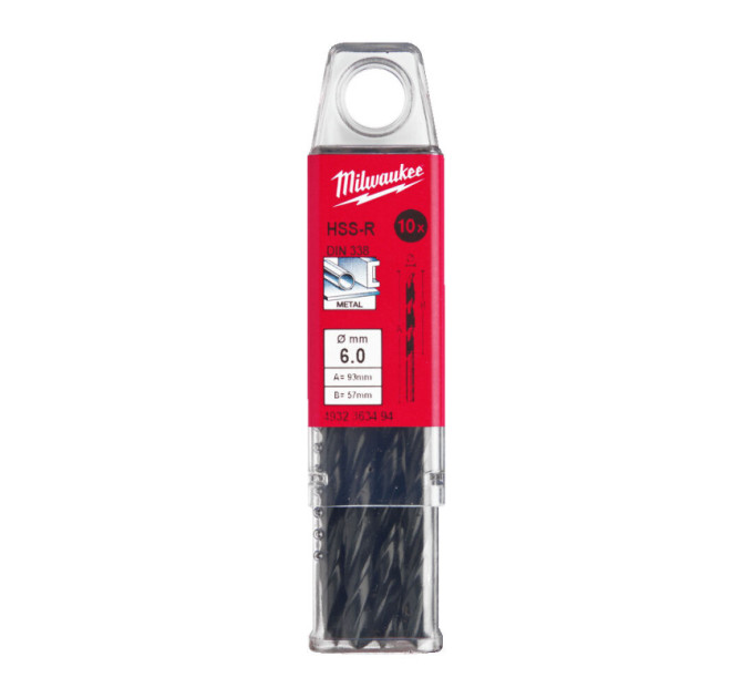Свердло по металу HSS-R MILWAUKEE, DIN338, Ø6,0х93х57мм, (10шт)