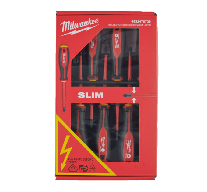 Набор отверток трехгранных изолированных VDE MILWAUKEE, (SL2,5/SL3/SL4/PH2/PZ1/PZ2 /тестер), (7шт)