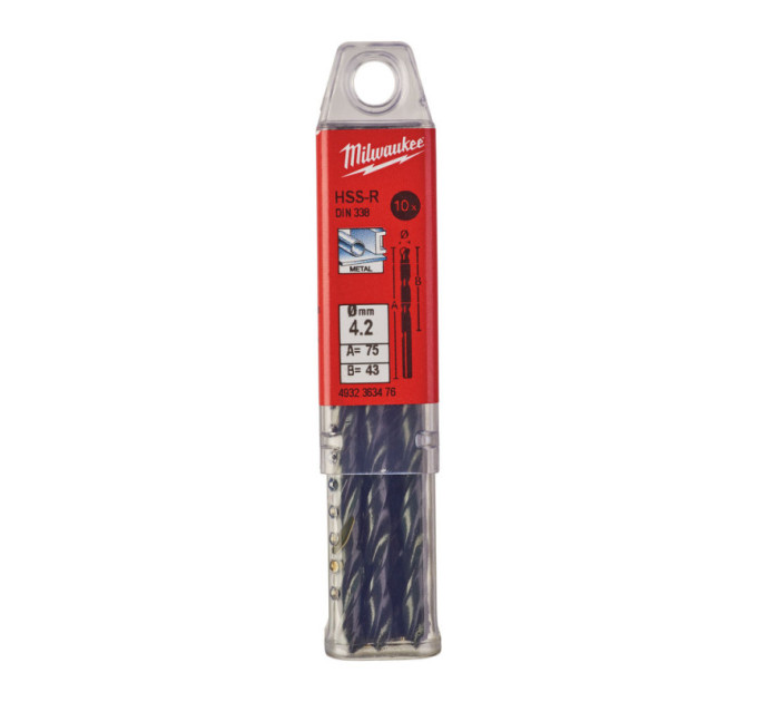 Сверло по металлу HSS-R MILWAUKEE, DIN338, Ø4,2х75х43мм, (10шт)