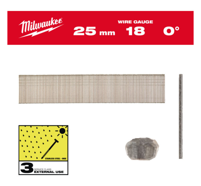 Гвозди из нержавейки с Т-образной головкой MILWAUKEE, 18G/0°/25мм, (5000шт)