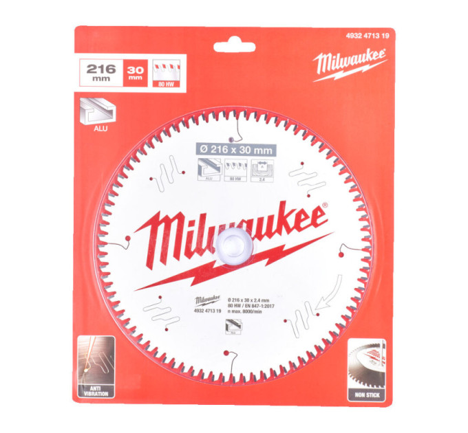 Диск пильний по алюмінію PFTE MILWAUKEE, Ø216х30х2, 4мм, 80 зуб.