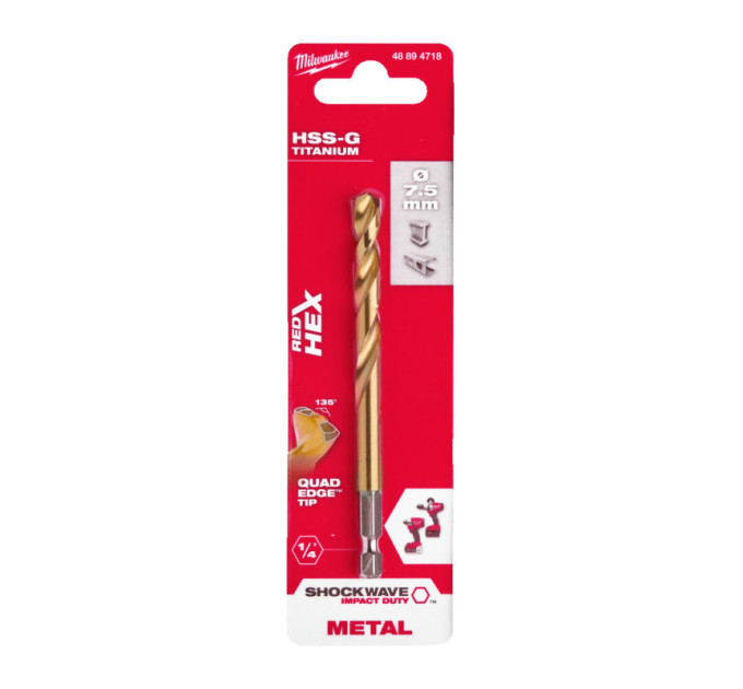Свердло по металу RedHEX SHOCKWAVE™ HSS-TiN MILWAUKEE, Ø7,5х110х67мм