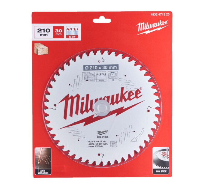 Диск пильный по дереву PFTE THIN KERF MILWAUKEE, Ø210х30х2,8мм, 48 зуб.