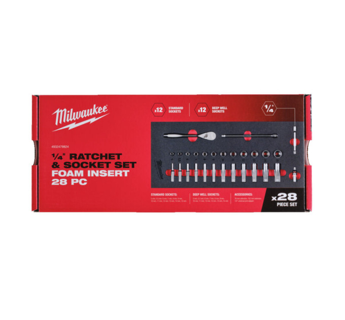Ложемент з головками хромованими і тріскачкою 1/4˝ (28шт) MILWAUKEE (45х178,5х417мм) для візків