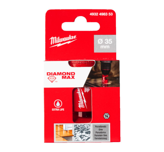 Коронка алмазная Diamond Plus/Max MILWAUKEE, Ø35,0мм (1/4'' Hex) (сверление с водой)