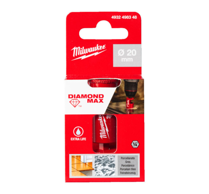 Коронка алмазная Diamond Plus/Max MILWAUKEE, Ø20,0мм (1/4'' Hex) (сверление с водой)