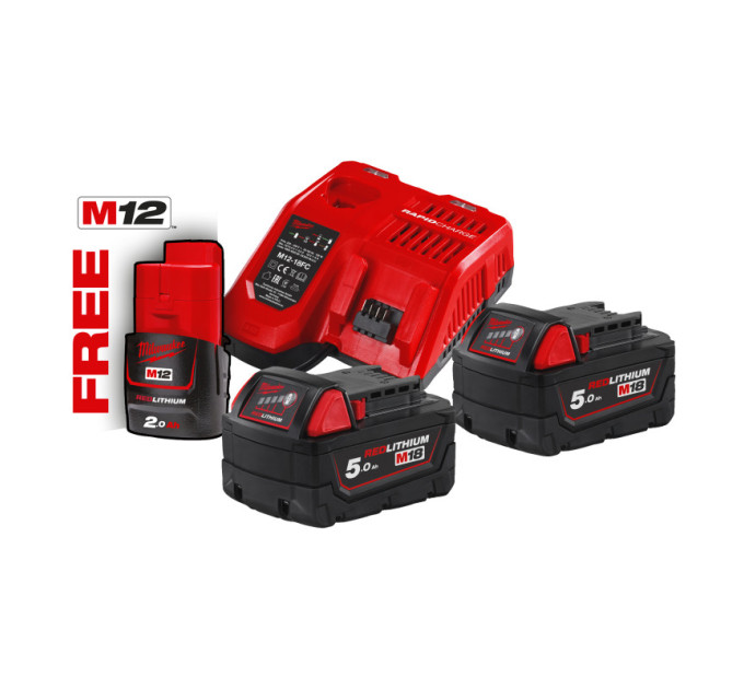 Енергокомплект MILWAUKEE M18 NRG-502 (ЗУ M12-18FC+2акк.Х5А В5) + подарунок акумулятор M12 B2