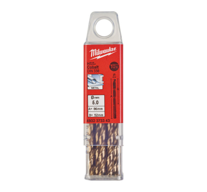 Сверло по металлу HSS-Co MILWAUKEE, DIN338, Ø5,0х86х52мм, (10шт)