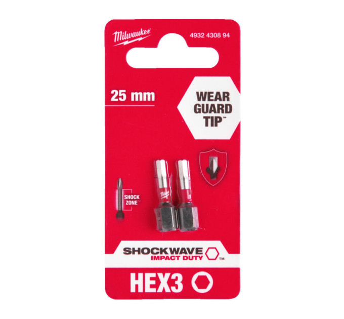 Бита SHOCKWAVE MILWAUKEE, Hex3,0, 25мм, (2шт)